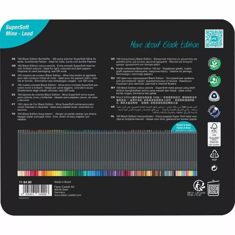 Faber-Castell Black Edition lápices de colores, 100 uds. en caja metálica (116490)