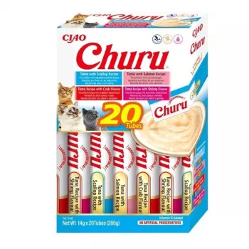 Snack de comida húmeda para gatos INABA Churu 20 x 14 g – tubos de mousse con sabor a atún y marisco