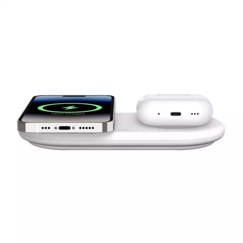 Belkin WIZ021VFWH - base de carga inalámbrica 2 en 1 con tecnología Qi2 15 W, blanca