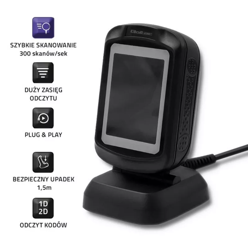 Lector de códigos de barras fijo 1D/2D QOLTEC 50864, sensor LED, USB (con cable), negro, 145×85×80 mm