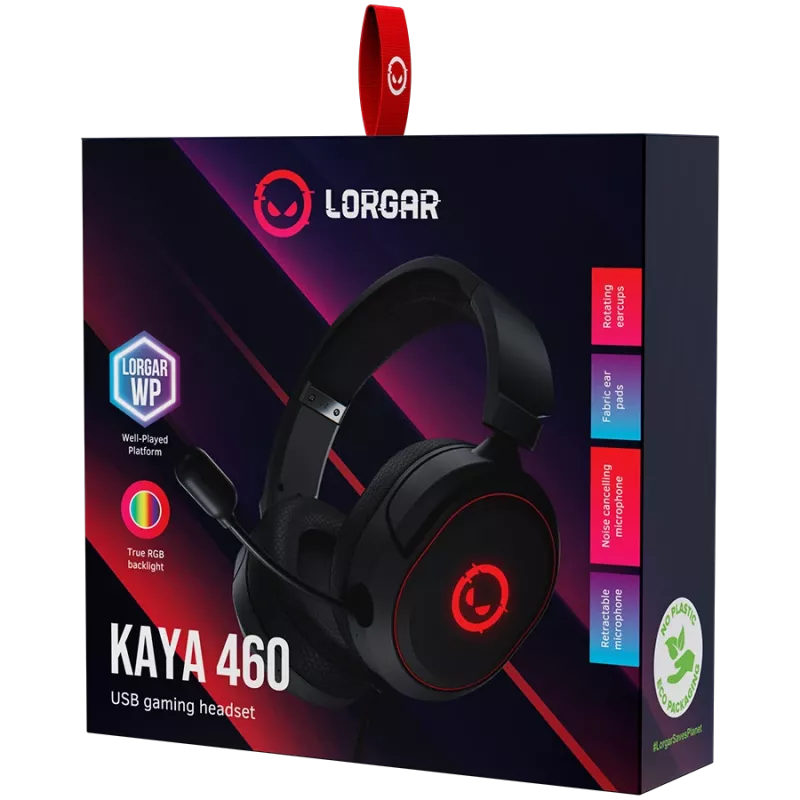 LORGAR Kaya 460, auriculares gaming USB con micrófono, CM108B, iluminación RGB, Plug&Play, cable de conexión USB-A de 2m, almohadillas de tela, tamaño: 192*184,7*88mm, 0,329kg, negro