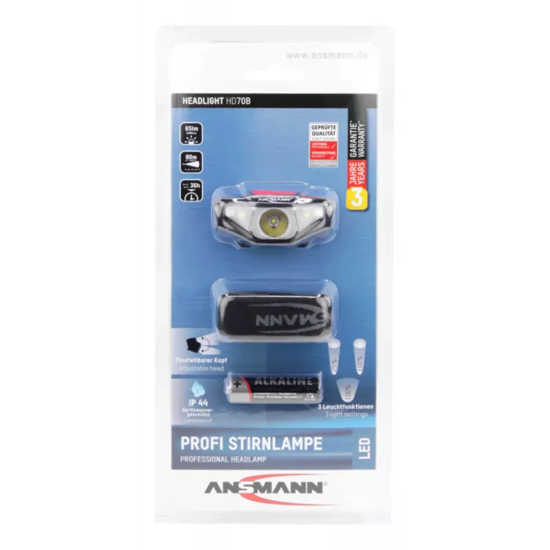 Ansmann HD70B - linterna frontal - negra - acrilonitrilo butadieno estireno (ABS) - plástico - IP44 - LED - 1 linterna