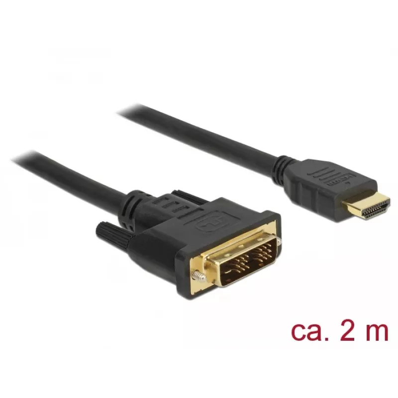 DeLOCK - Cable de vídeo - Single Link - HDMI / DVI - DVI-D (M) a HDMI (M) - 2 m - Triple aislamiento - Negro - Tornillos moleteados