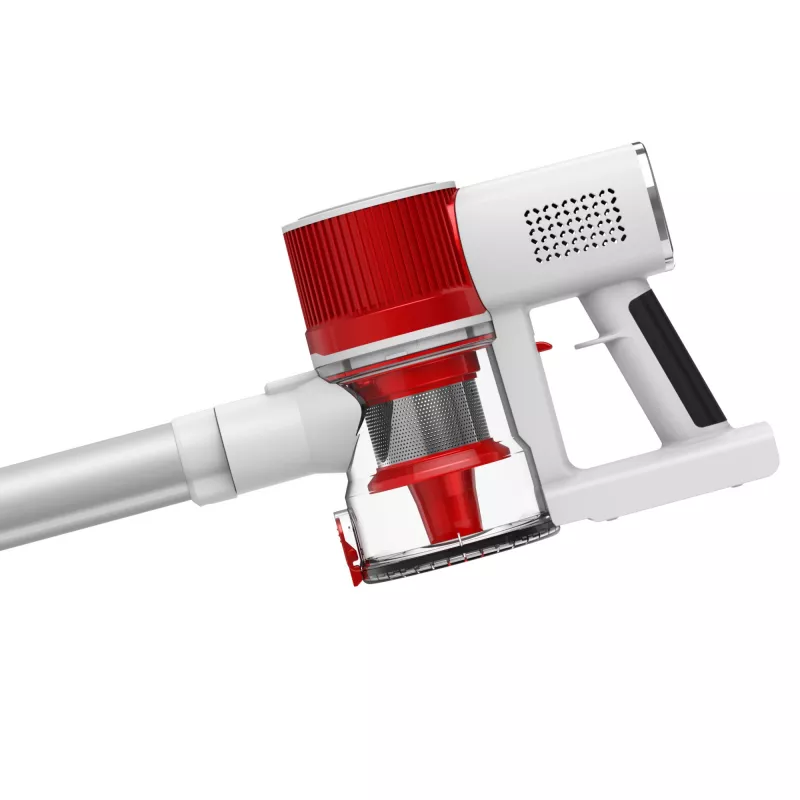 Aspirador de escoba con batería Adler AD 7051 — 300 W máx, batería de 22,2 V, 0,6 L sin bolsa, tubo de acero inoxidable, EPA F8, luz LED, blanco/rojo