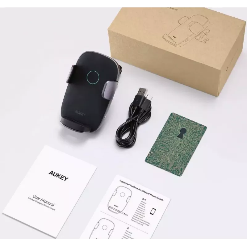 Soporte de carga inalámbrica para coche Aukey HD-C52 — soporte para coche compatible con Qi con ángulo ajustable y función de carga inalámbrica