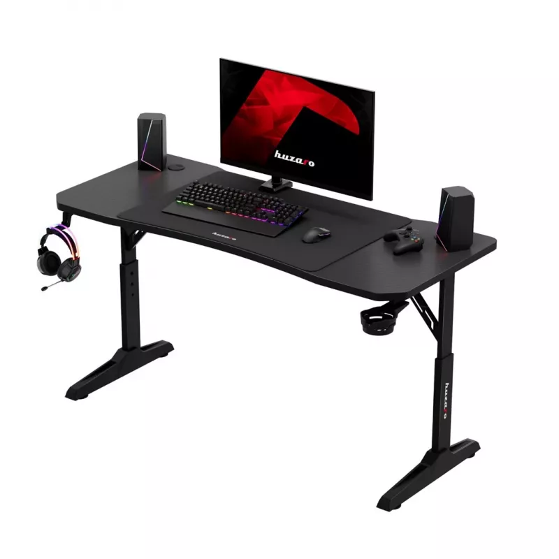 Escritorio gaming huzaro Hero 3.6 — rectangular 1400×600 mm, altura ajustable 560–790 mm, negro, patas en H, tablero de 15 mm