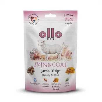 Snack para perros OLLO Air-Dried Skin & Coat Lamb Strips 80 g — tiras de cordero hipoalergénicas secadas al aire para apoyar la piel y el pelaje
