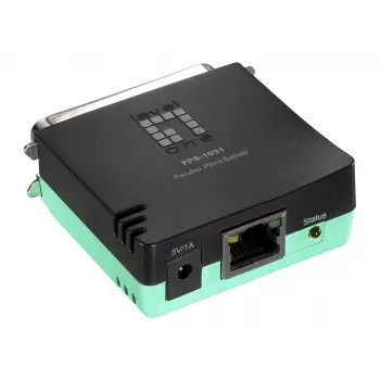 LevelOne servidor de impresión paralelo, negro, verde, actividad, enlace, alimentación, estado, Taiwán, Ethernet LAN, IEEE 802.3, IEEE 802.3u, 10,100 Mbit/s