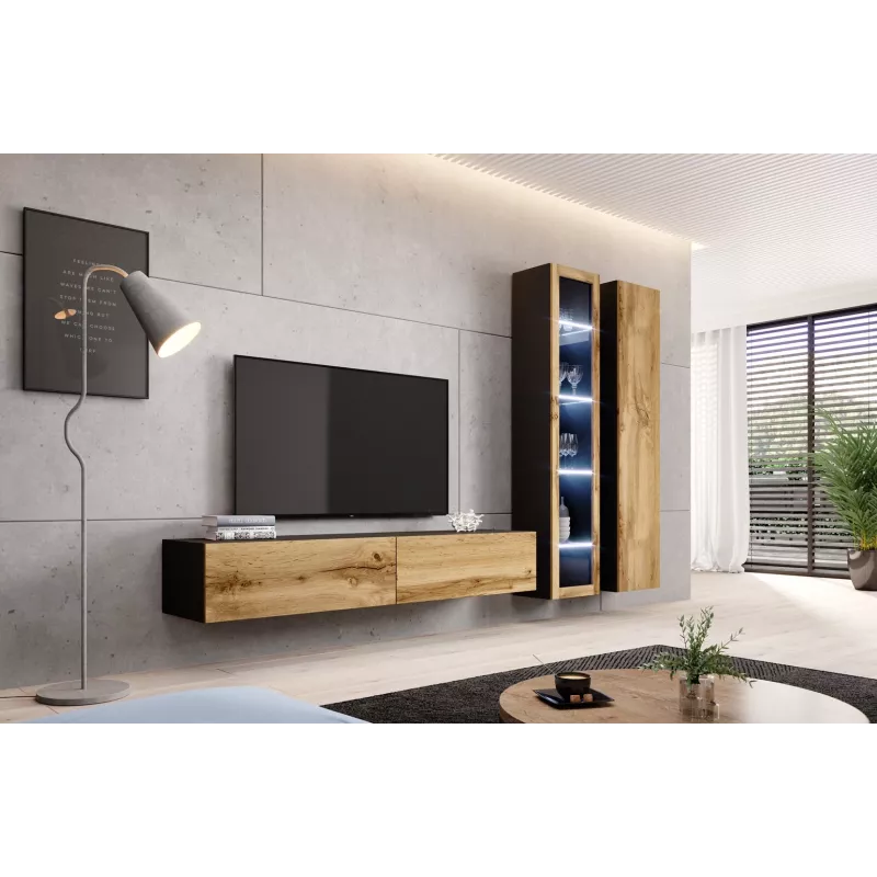 Vitrina Cama Meble VIGO 180 de pared con puertas de cristal 1800×400×300 mm negro/roble wotan