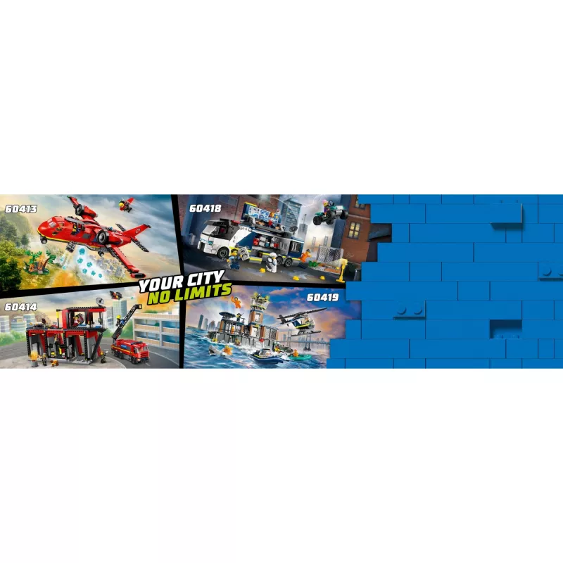 Juguete de construcción LEGO City Parque de bomberos con camión de escalera 60414 — 843 piezas, 5 minifiguras, 220×320×140 mm