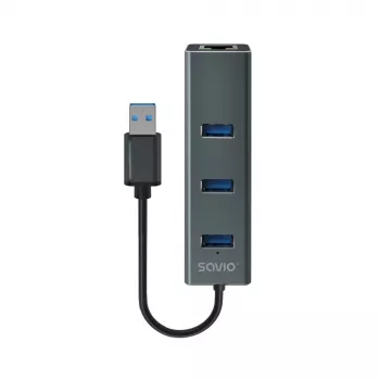 Hub USB-A SAVIO con RJ-45 Gigabit Ethernet AK-57 — 3× USB-A + RJ-45, host USB 3.2 Gen 1 Micro‑B, 5 Gbit/s, 4 puertos, gris