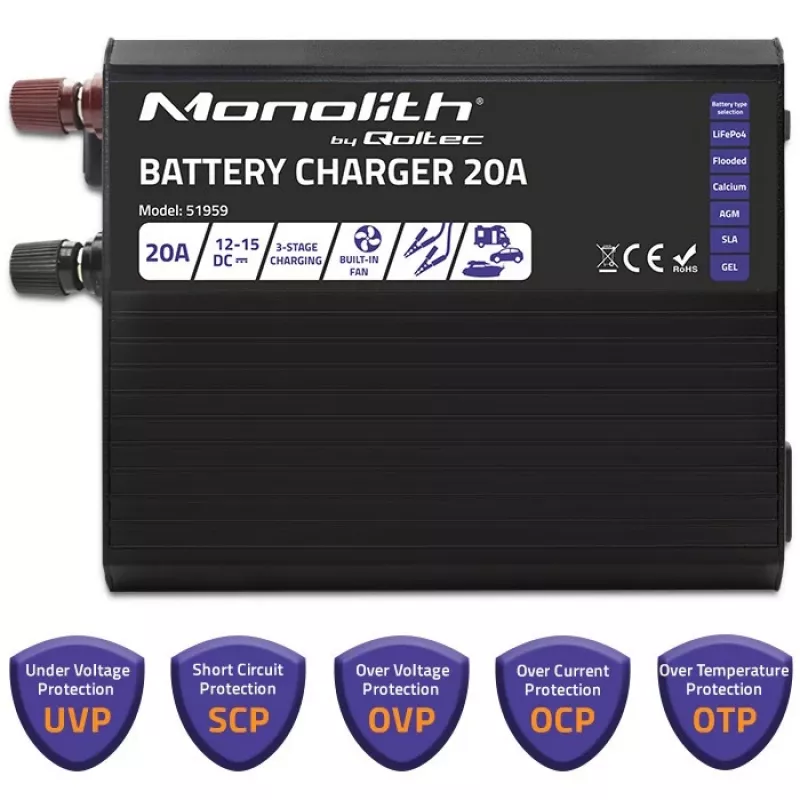 Cargador QOLTEC Monolith 20 A 12 V para baterías LiFePO4, AGM, GEL, SLA