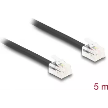 Delock Cable telefónico de clavija RJ11 a clavija RJ11, 5 m, plano, negro