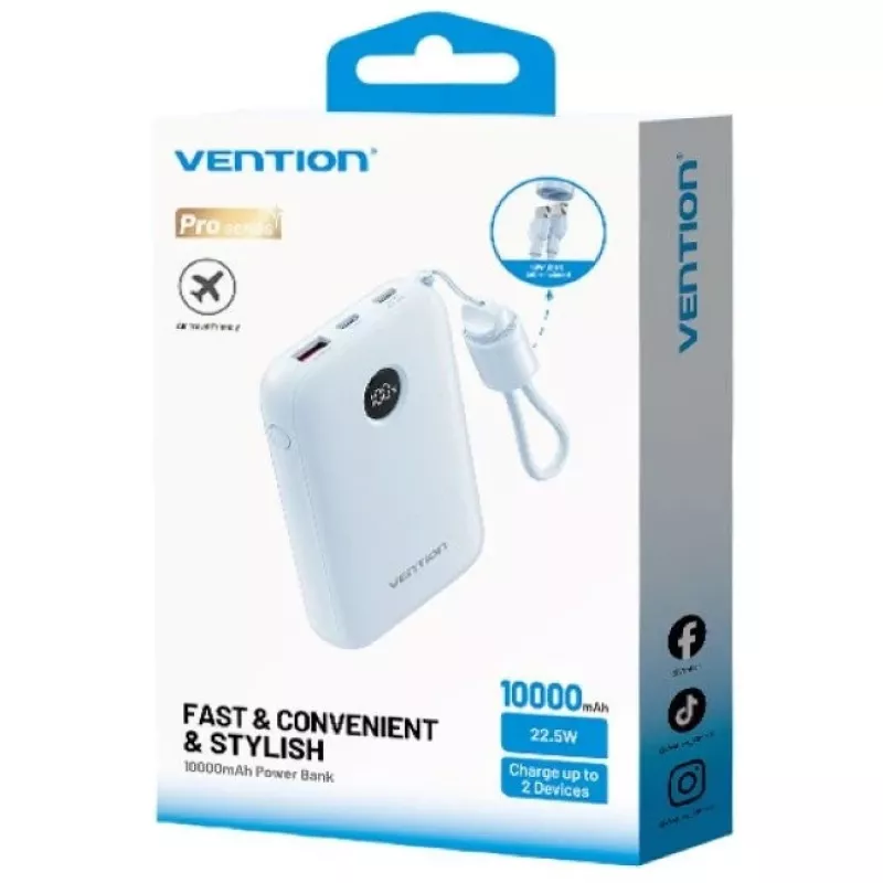 Batería externa Vention 10000mAh 22,5W — 2× USB‑C, 1× USB‑A, azul