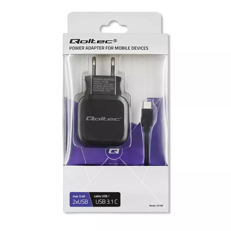 Qoltec 50188 Cargador para dispositivos móviles Portátil, Smartphone, Smartwatch, Tablet, Teléfono, Universal Negro AC, DC Interior