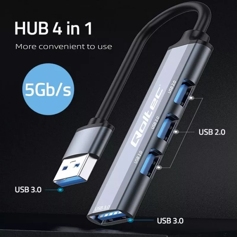 Hub USB QOLTEC 53793 — entrada USB 3.0, 3 conectores USB 2.0