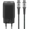 Cargador rápido USB-C Nano, PD, GaN, 65 vatios, cable trenzado USB-C (negro, 1x USB-A, 2x USB-C PD, Quick Charge 3.0, cable de 1 metro)
