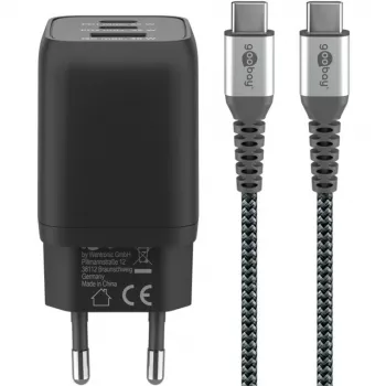 Cargador rápido USB-C Nano, PD, GaN, 65 vatios, cable trenzado USB-C (negro, 1x USB-A, 2x USB-C PD, Quick Charge 3.0, cable de 1 metro)