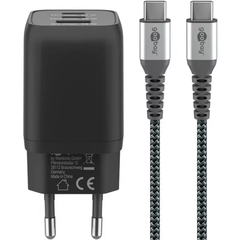 Cargador rápido USB-C Nano, PD, GaN, 65 vatios, cable trenzado USB-C (negro, 1x USB-A, 2x USB-C PD, Quick Charge 3.0, cable de 1 metro)