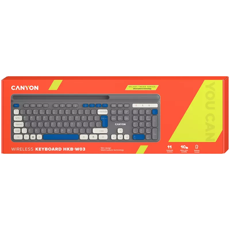 Teclado inalámbrico CANYON HKB-W03 gris – diseño compacto, funciona con pilas AAA, modelo CNS-HKBW03DG