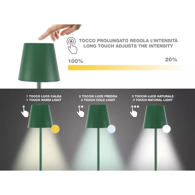 Beper P201UTP115 lámpara de mesa LED recargable, 1,5 W, interruptor táctil, regulable, adaptador para botella de 33 mm, resistente al agua, verde