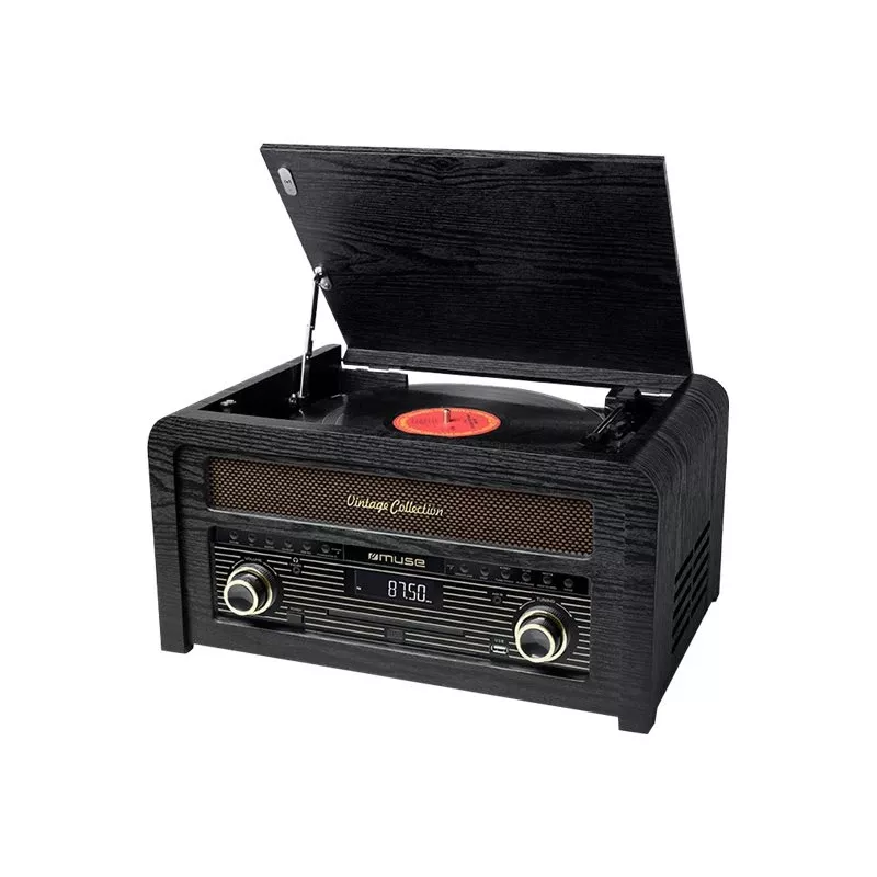 Tocadiscos muse MT-115 W — negro/dorado, 33-45-78 rpm, brazo de lectura en J, control de volumen giratorio, 240V AC