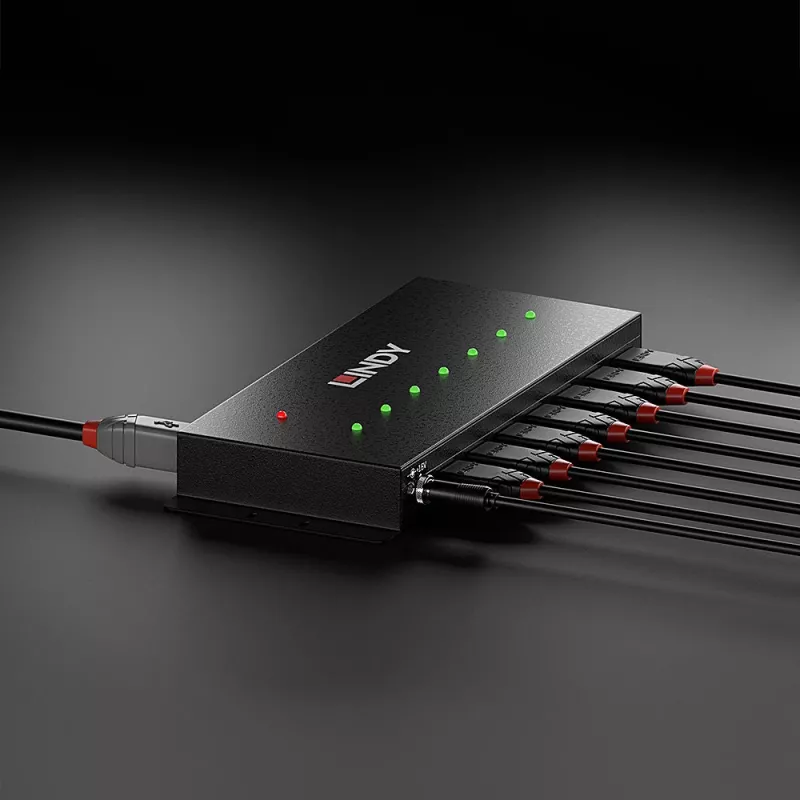 Lindy Hub USB 3.0 metálico de 7 puertos, USB 3.2 Gen 1 (3.1 Gen 1) Type-A, 5000 Mbit/s, Negro, 0,8 m, 185 mm, 75 mm