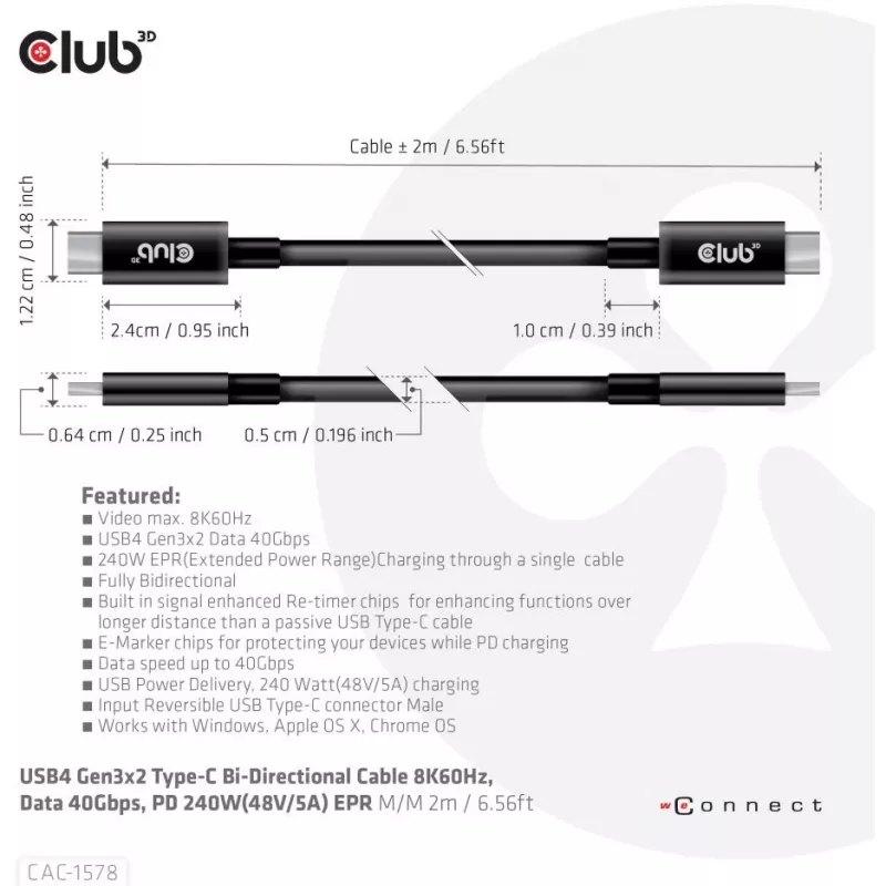 CLUB3D Cable USB4 Gen3x2 Type-C bidireccional 8K60Hz, Datos 40Gbps, PD 240W(48V/5A) EPR M/M 2m / 6.56ft