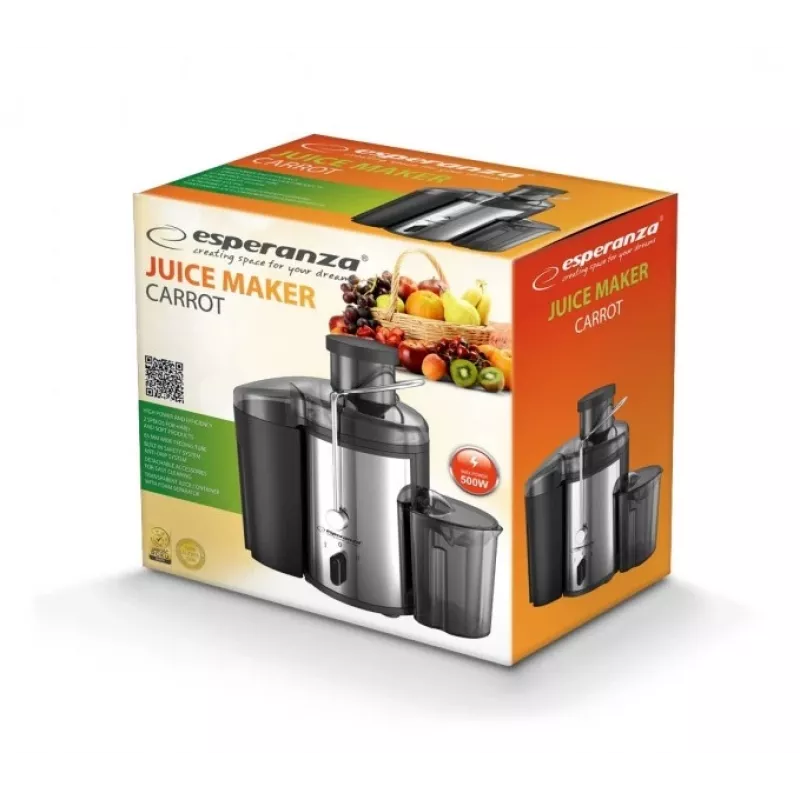 Exprimidor ESPERANZA EKJ002 — 500 W, recipiente de zumo de 0,45 L, recipiente de pulpa de 1,5 L, acero inoxidable/negro
