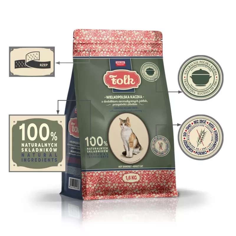 FOLK Pato de Gran Polonia con manzanas, codorniz y arenque - Comida seca para gatos - 1,6 kg