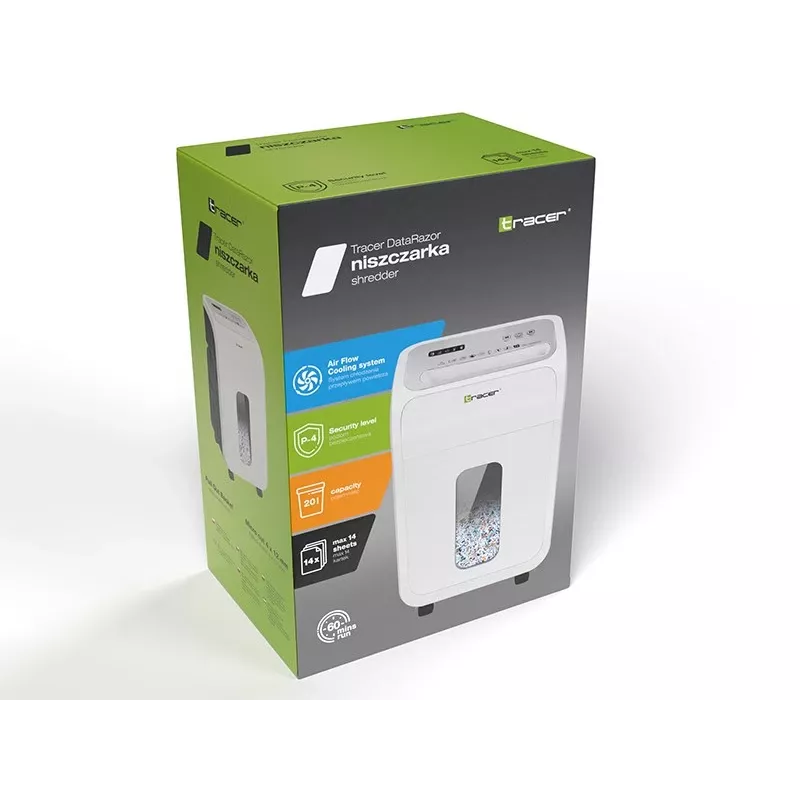 Destructora de documentos de oficina TRACER TRANIS47633 blanca — corte cruzado 4x12 mm, capacidad 14 hojas, depósito 20 L
