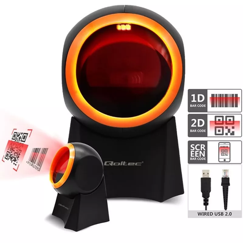 Qoltec 50857 lector de códigos de barras de sobremesa con cable, 1D/2D, QR, USB, cable de 1,75 m