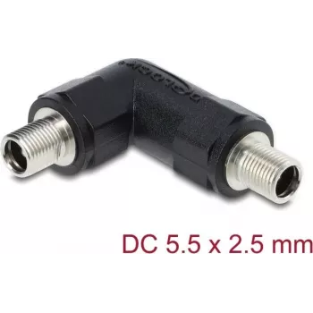 Adaptador de conector hueco DC DELOCK 5,5 x 2,5 mm hembra a hembra con casquillo roscado, acodado 90°, negro