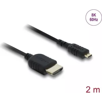 Cable HDMI DELOCK 81691 — HDMI tipo A a Micro HDMI tipo D, 2 m, 48 Gbit/s, hasta 7680×4320, contactos dorados, negro
