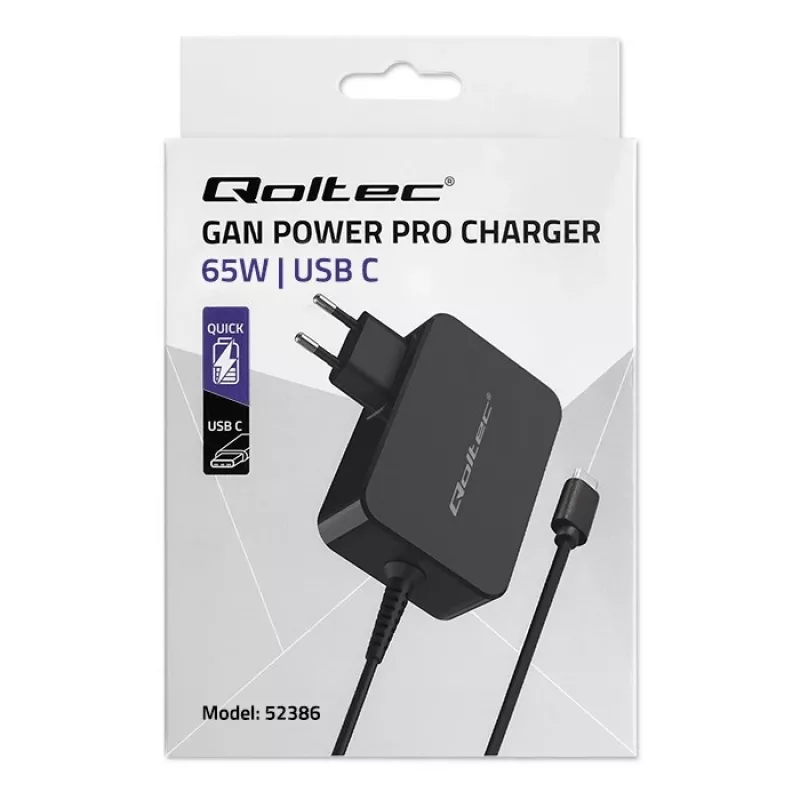 Qoltec 52386 Cargador GaN POWER PRO | 1xUSB-C | 65W | 5-20V | 3-3,25A | negro
