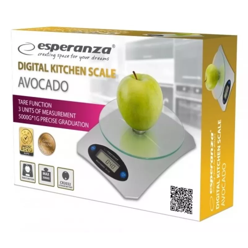 Báscula de cocina electrónica ESPERANZA Avocado gris — capacidad 5 kg, plataforma de bambú, unidades g/lb/oz