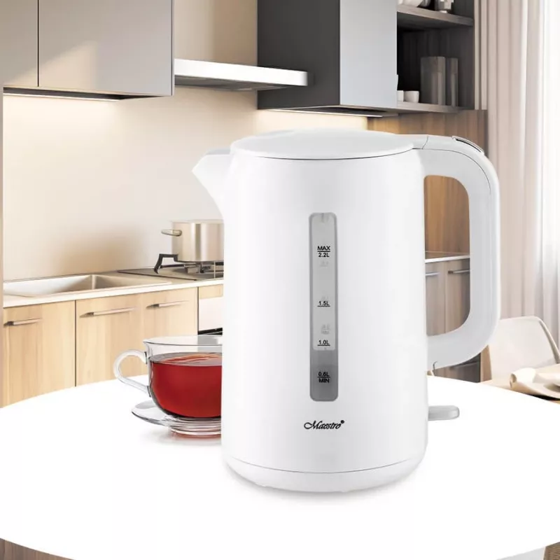 Hervidor de agua eléctrico Maestro MR-022-WHITE, 2,2 L, 1850–2200 W, carcasa de plástico, base 360°, filtro antical, indicador de nivel de agua