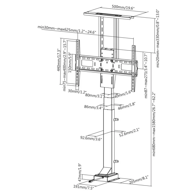 Maclean MC-866 elevador eléctrico de TV para 37-65 pulgadas (94-165,1 cm), mando a distancia, VESA hasta 600×400, máx. 50 kg, negro