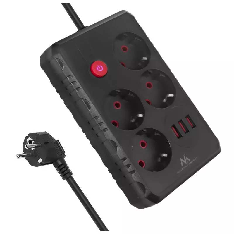 Regleta de enchufes MACLEAN MCE392 B — 4 enchufes, 3×USB, 110–240V, 2,1A, 2500W, cable de 1,5 m, negra