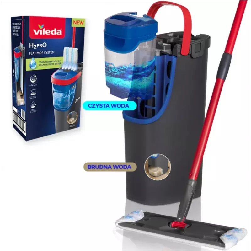 Vileda H2PrO 175775 set de mopa plana con sistema de dos depósitos, microfibra, negro/rojo