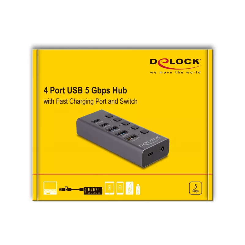 Hub USB Delock 64248 5 Gbit/s 2 x Type-A 2 x Type-C 1 puerto de carga rápida