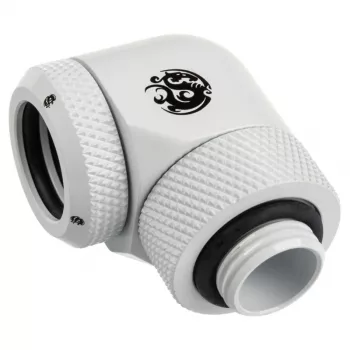 Adaptador 90° G1/4 rosca macho a tubo rígido de 14 mm, giratorio — BitsPower BP-DWE90RML14, blanco