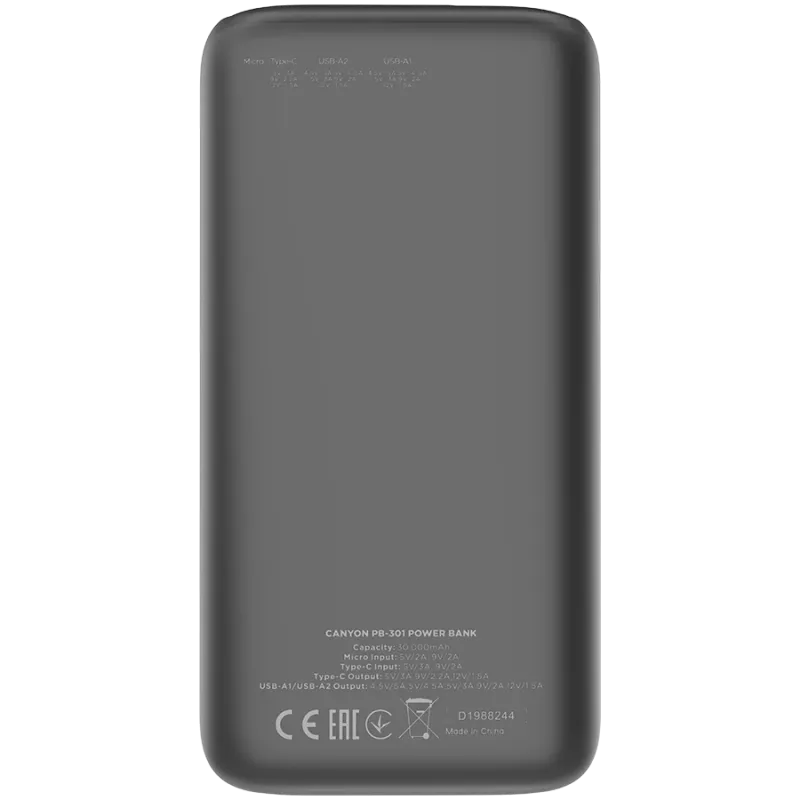 Canyon Batería externa PB-301 30000 mAh PD/QC/Pantalla negra venta al por menor