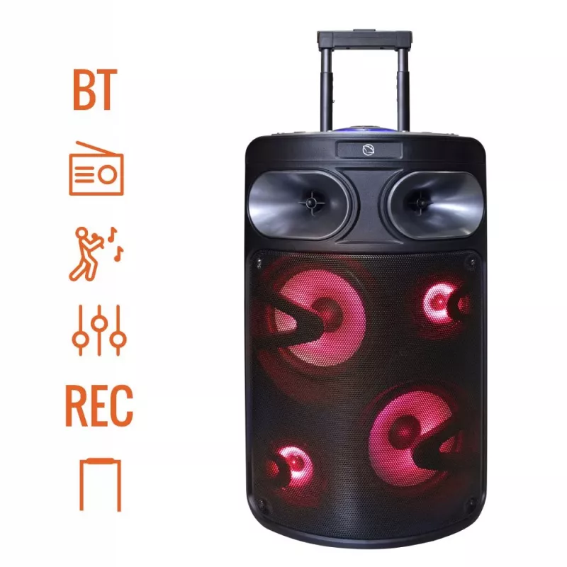 Altavoz de karaoke Bluetooth portátil MANTA SPK0803B140 140W, a batería, MIC/USB/microSD, FM, ecualizador, ruedas