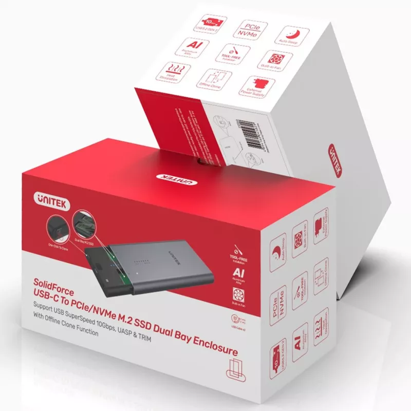 Carcasa SSD Unitek S1206A para 2 unidades M.2 NVMe PCIe Gen3 x4, USB 3.2 Gen 2 (10 Gbit/s), aluminio, USB-C, incluye fuente de alimentación