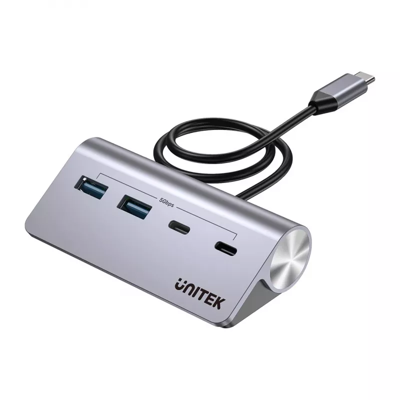 Hub USB Unitek H1337AGY01 – 4 puertos (2×USB-C, 2×USB-A), hasta 5 Gbit/s por puerto, aluminio, Plata