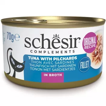 SCHESIR en caldo de cocción Atún con sardinas - Comida húmeda para gatos - 70 g