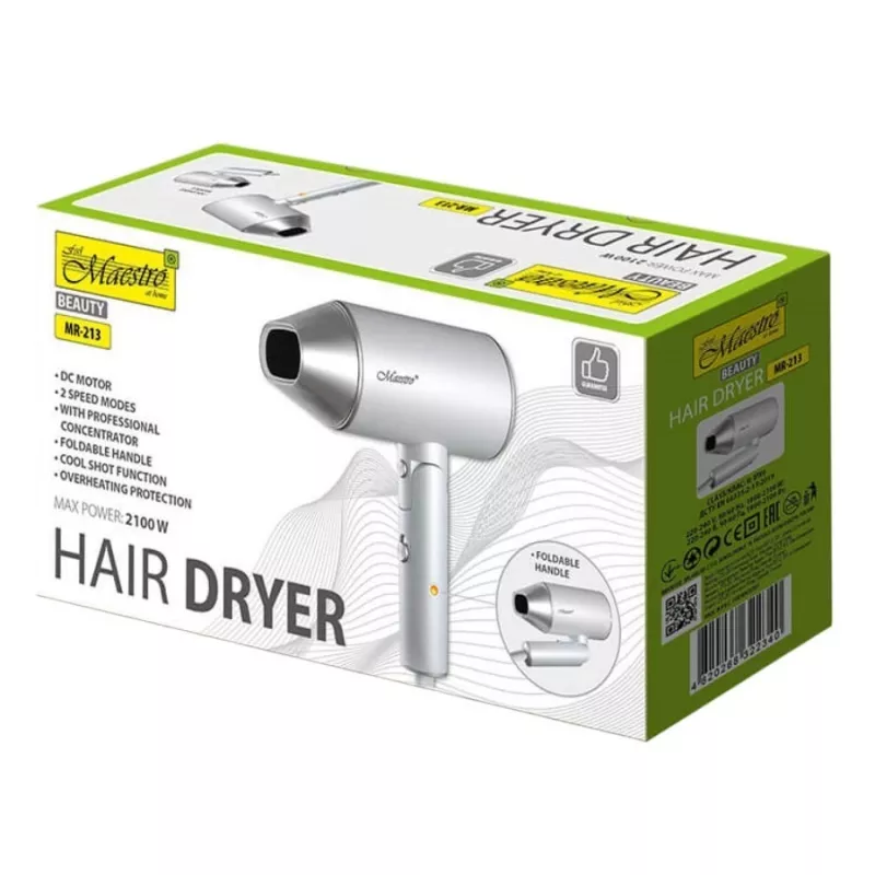 Secador de pelo Maestro MR-213 2100W mango plegable, 2 velocidades, golpe de aire frío, concentrador de doble pared, plata