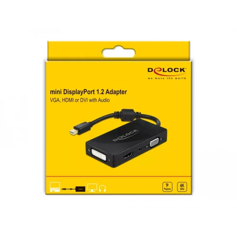 DeLOCK Mini DisplayPort 1.2 a VGA HDMI DVI Audio 4K pasivo negro