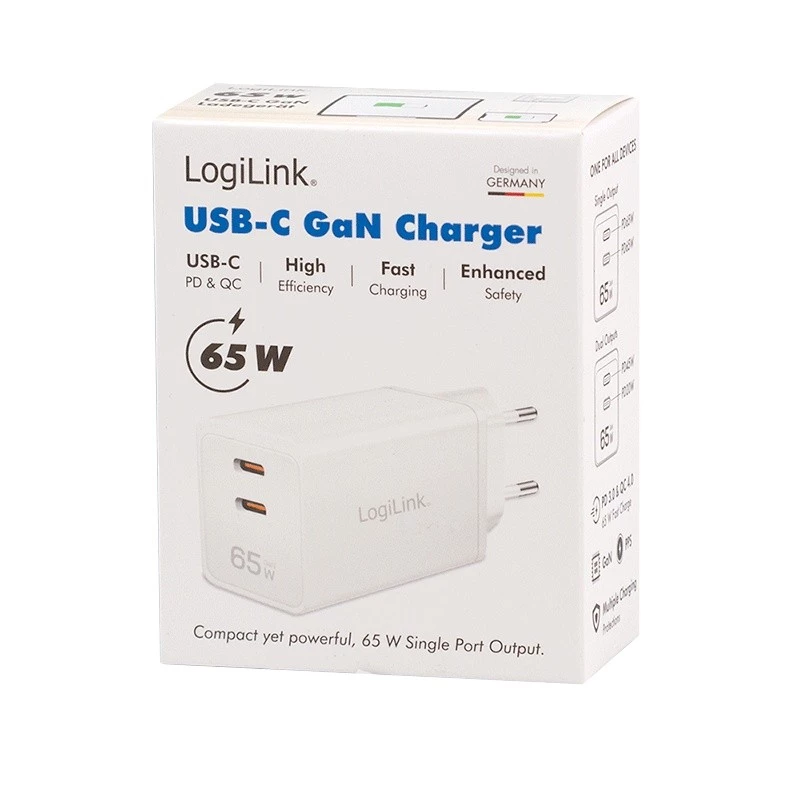 Adaptador de toma USB doble 65W, 2xUSB-C, blanco